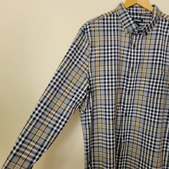 Express Men's L Plaid Button Down Long Sleeve Shirt 2 Button Cuff Blk Wht Yellow - Picture 4 of 16